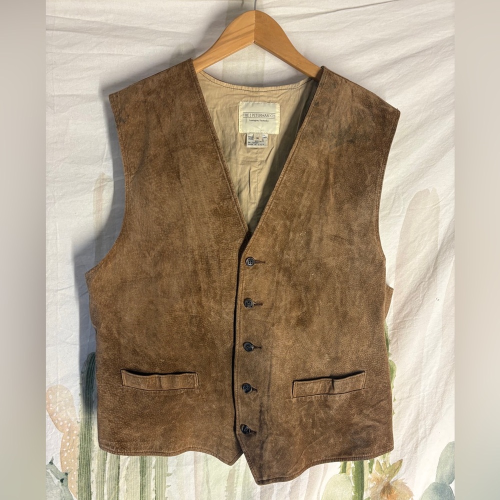 The J. Peterman Co. Mens Vtg. 80s/90s Leather Camel Vest Made Lexintonton KY 🌵XL